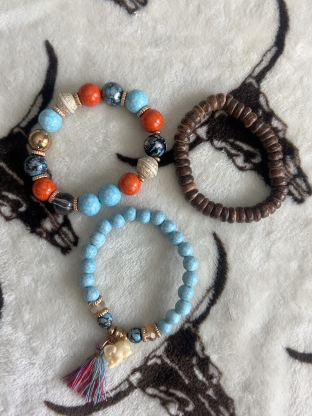 3 Piece Boho Beaded Stretch Bracelet Set Turquoise Orange Elephant Tassel